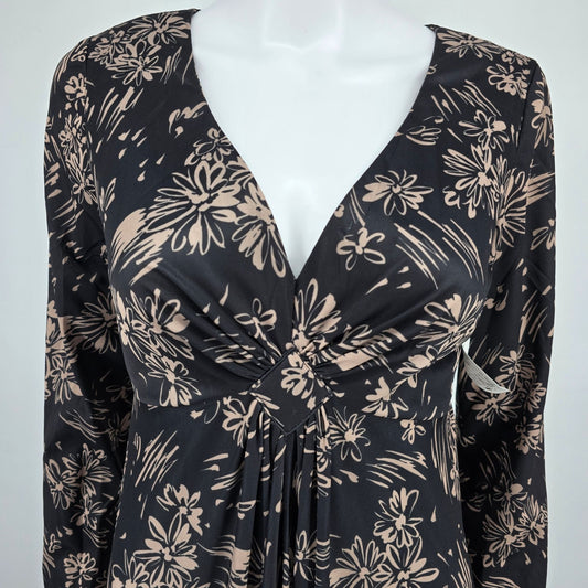 Vintage 1990s Black/Beige Floral Polyester V-Neck Empire Maxi Dress (Size 8/M)