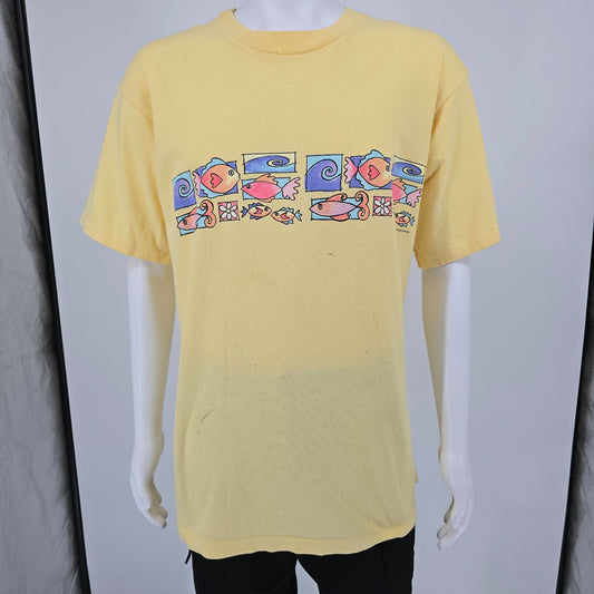 Vintage 1990s CYRK Sport Yellow Banded Watercolor Fish Graphic T-Shirt (Large)