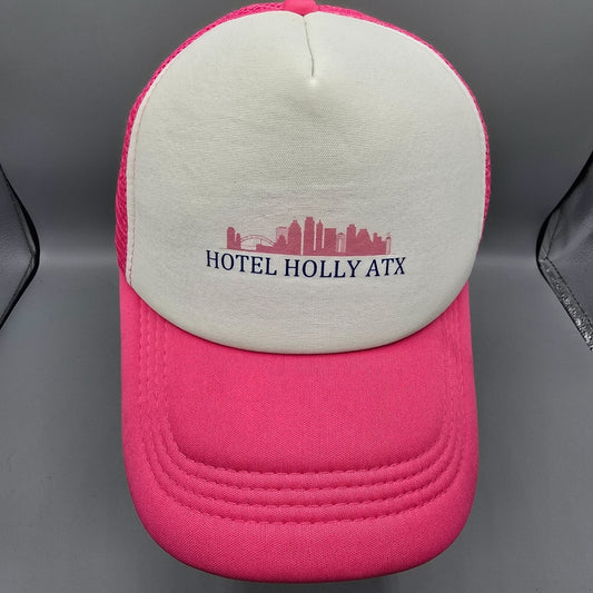 Hotel Holly ATX Austin Texas Pink & White Mesh Snapback Women's Trucker Hat