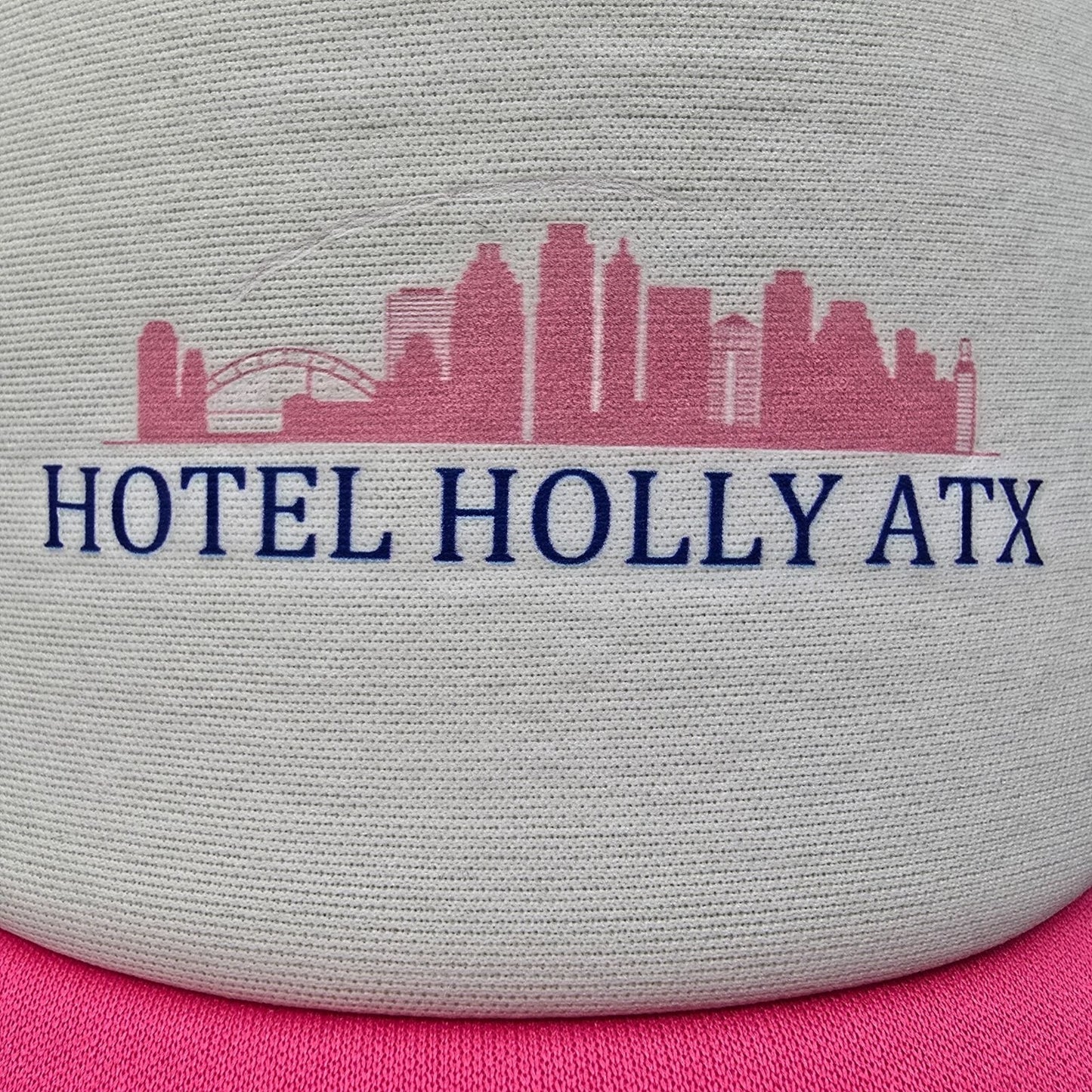 Hotel Holly ATX Austin Texas Pink & White Mesh Snapback Women's Trucker Hat