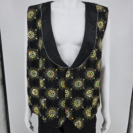 Vintage 1990s Rivars Stagewear Black Sunburst Sequin Rhinestone Trim Vest (XXL)