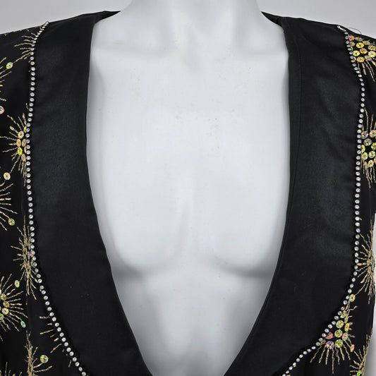 Vintage 1990s Rivars Stagewear Black Sunburst Sequin Rhinestone Trim Vest (XXL)