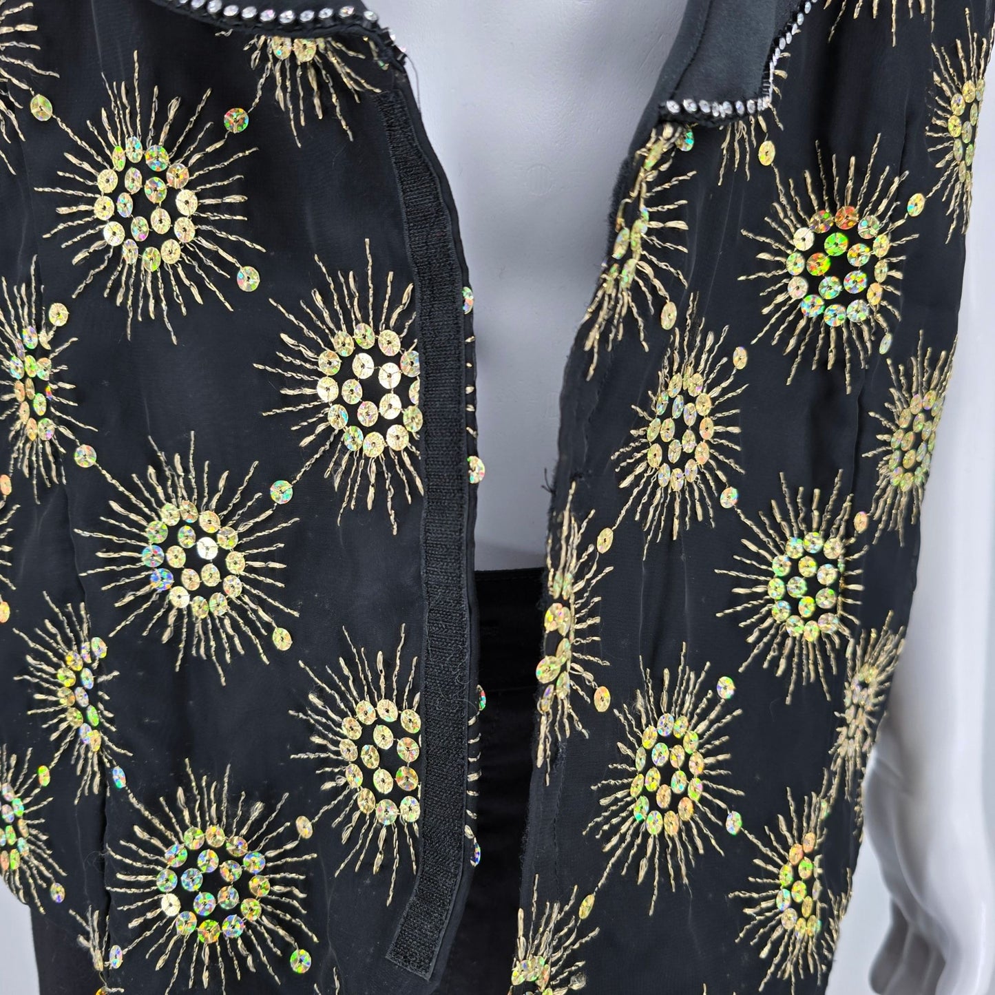 Vintage 1990s Rivars Stagewear Black Sunburst Sequin Rhinestone Trim Vest (XXL)