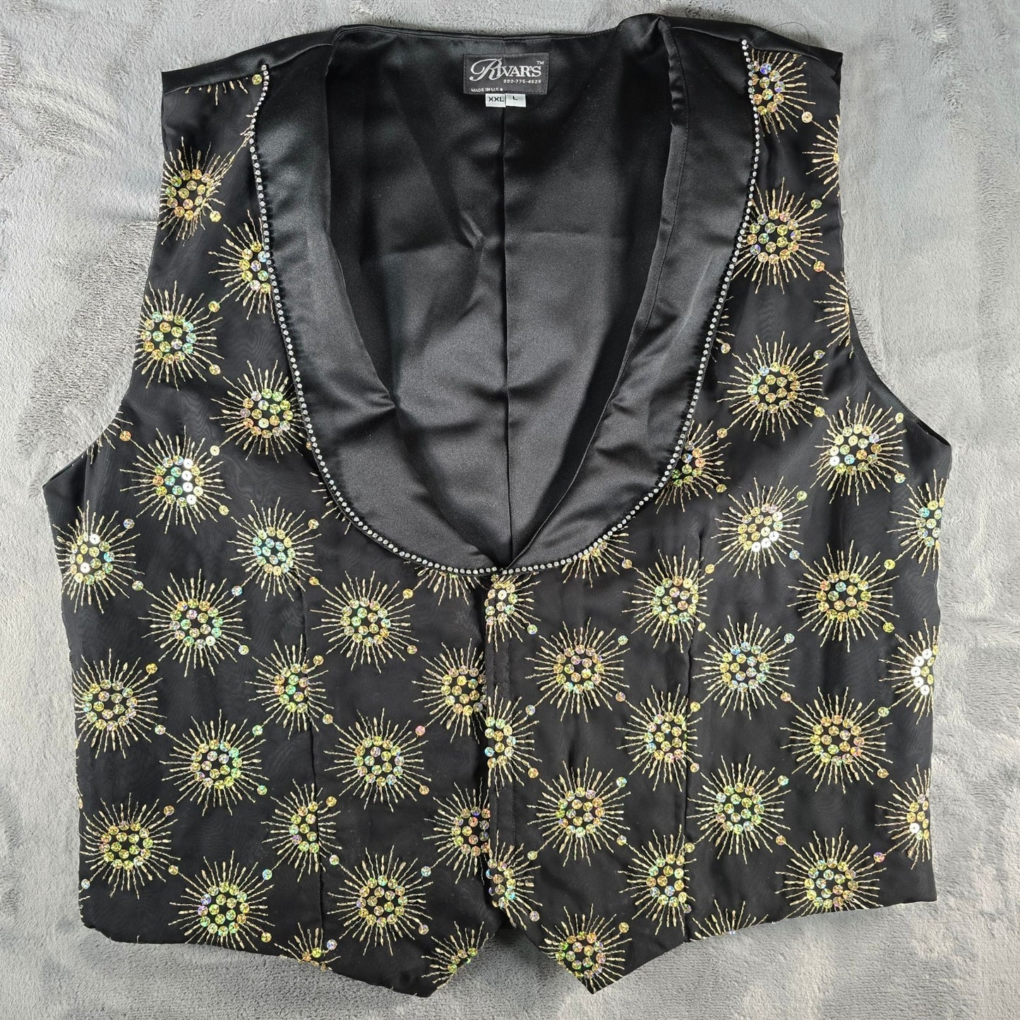 Vintage 1990s Rivars Stagewear Black Sunburst Sequin Rhinestone Trim Vest (XXL)
