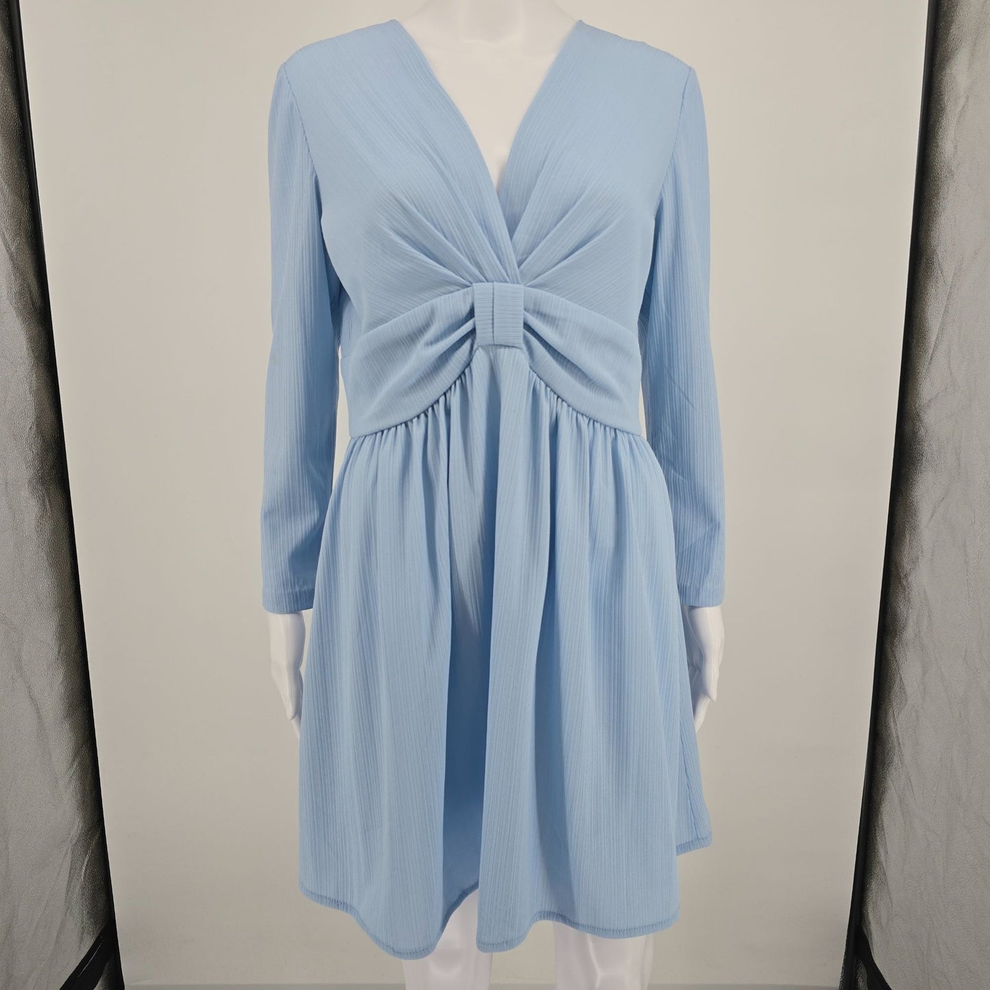Vintage Early 1970s Pale Blue Ruched Bow V-Neck Long Sleeve Mod Minidress (M)