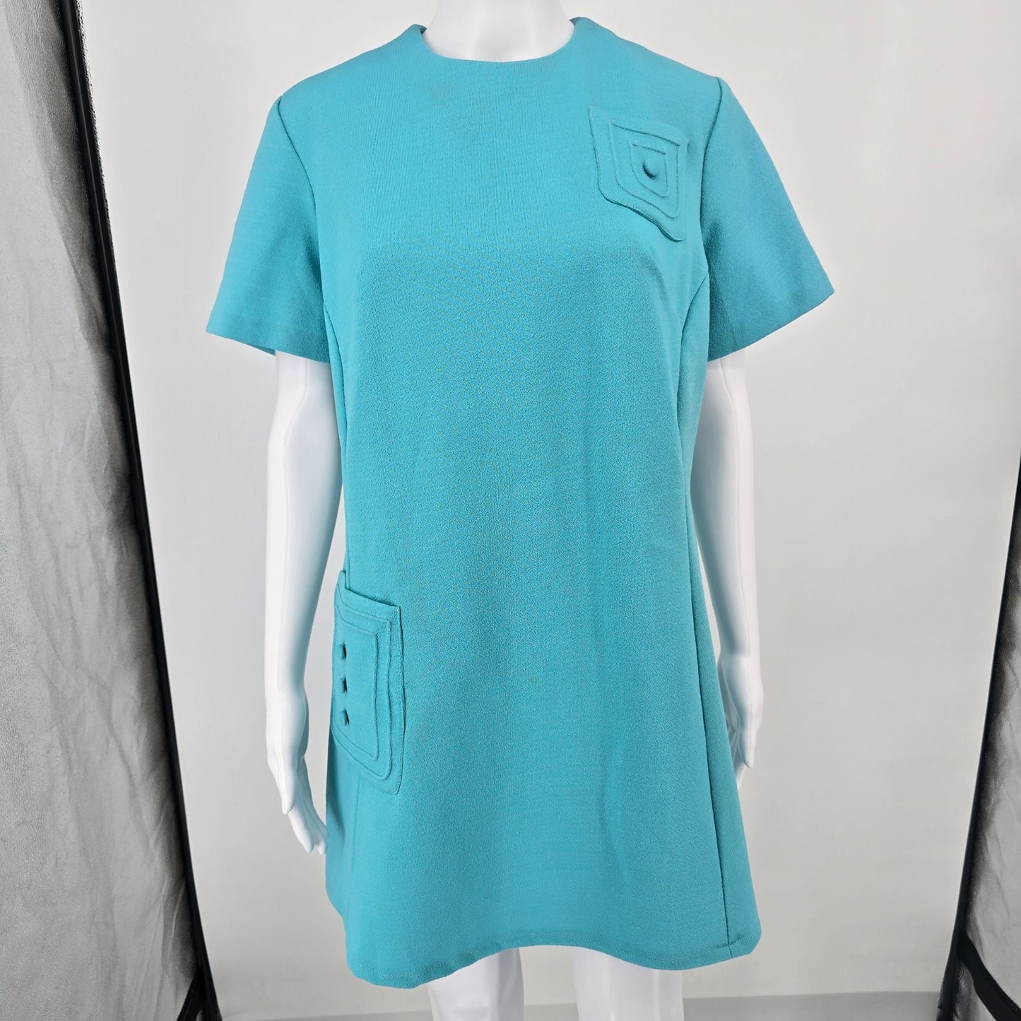 Vintage 1960s Turquoise Textured Knit Metal Zipper Mod Mini Shift Dress (L)