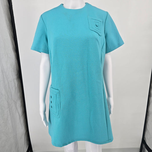 Vintage 1960s Turquoise Textured Knit Metal Zipper Mod Mini Shift Dress (L)