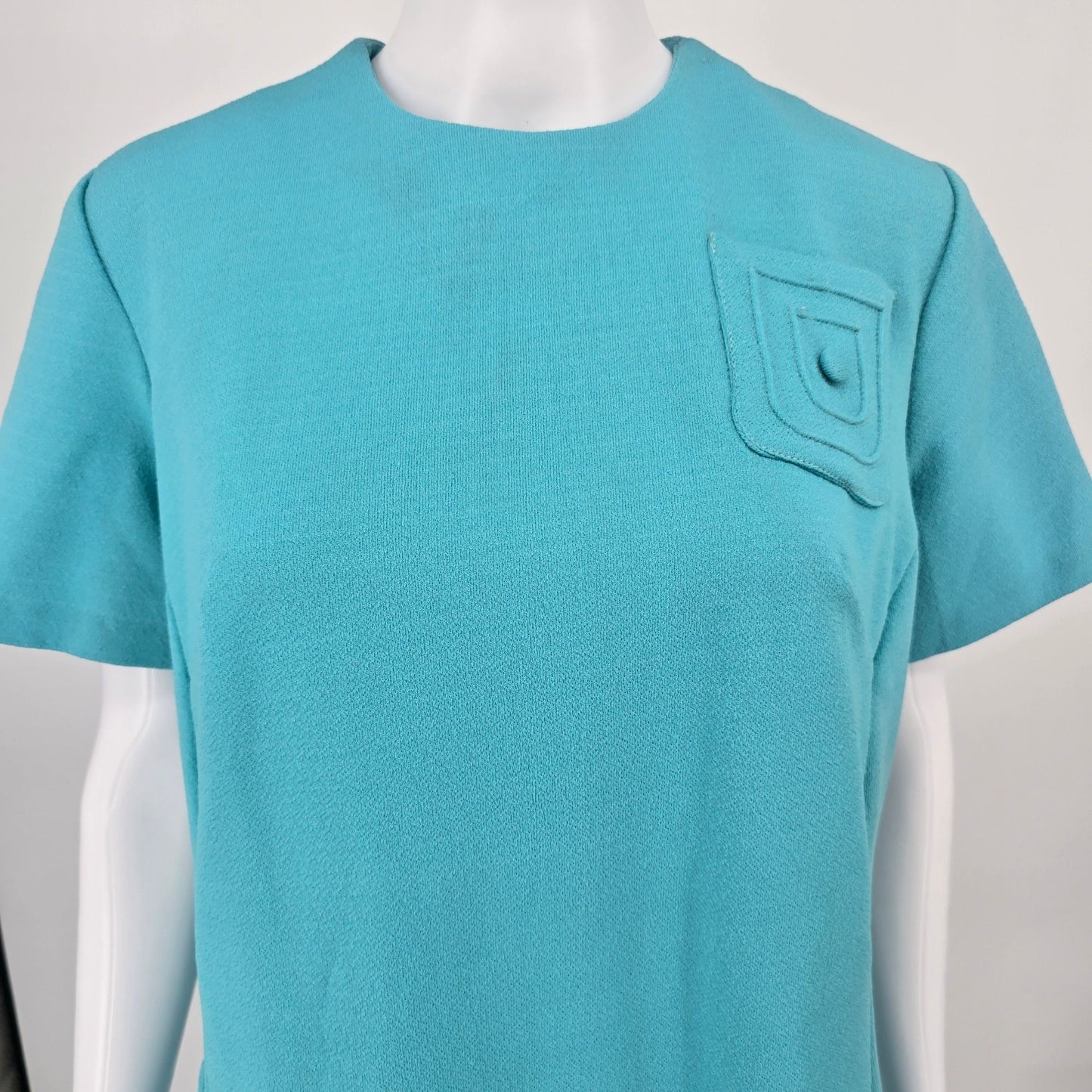 Vintage 1960s Turquoise Textured Knit Metal Zipper Mod Mini Shift Dress (L)