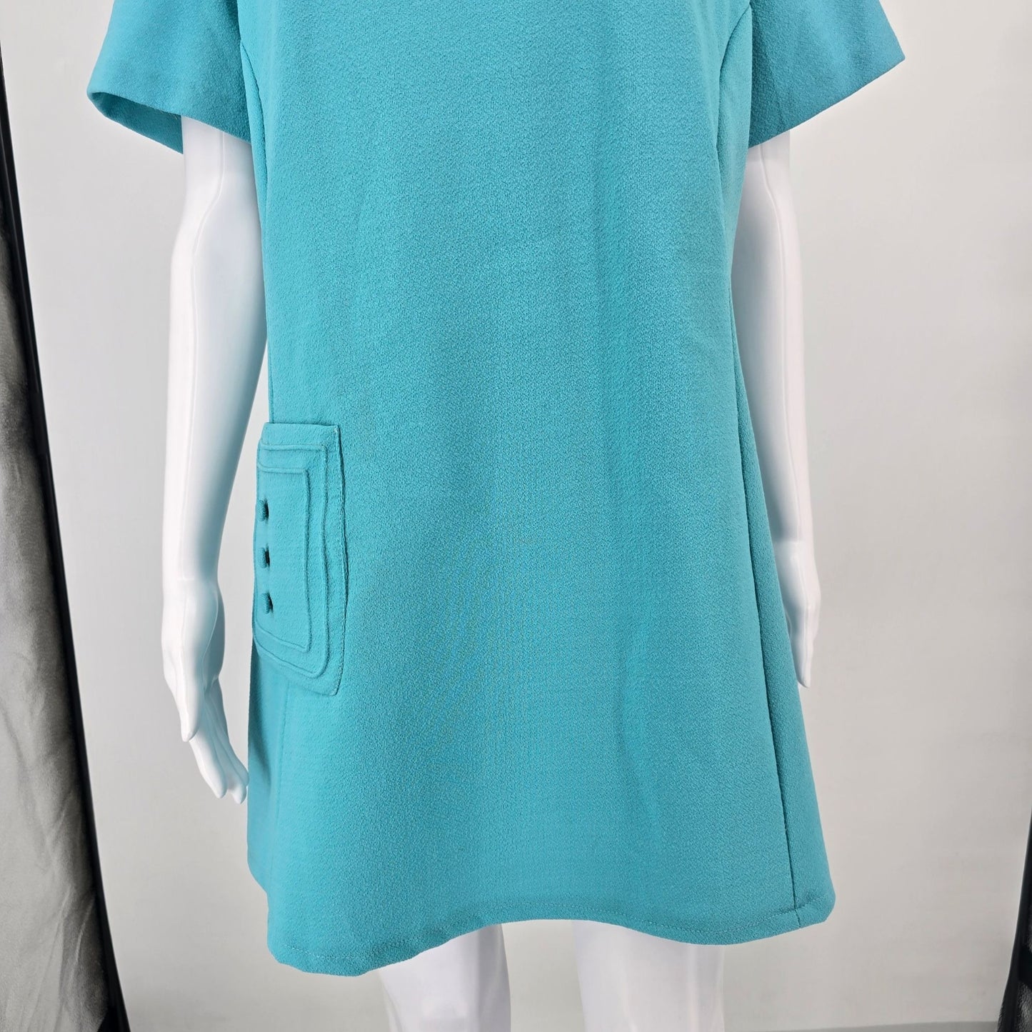 Vintage 1960s Turquoise Textured Knit Metal Zipper Mod Mini Shift Dress (L)