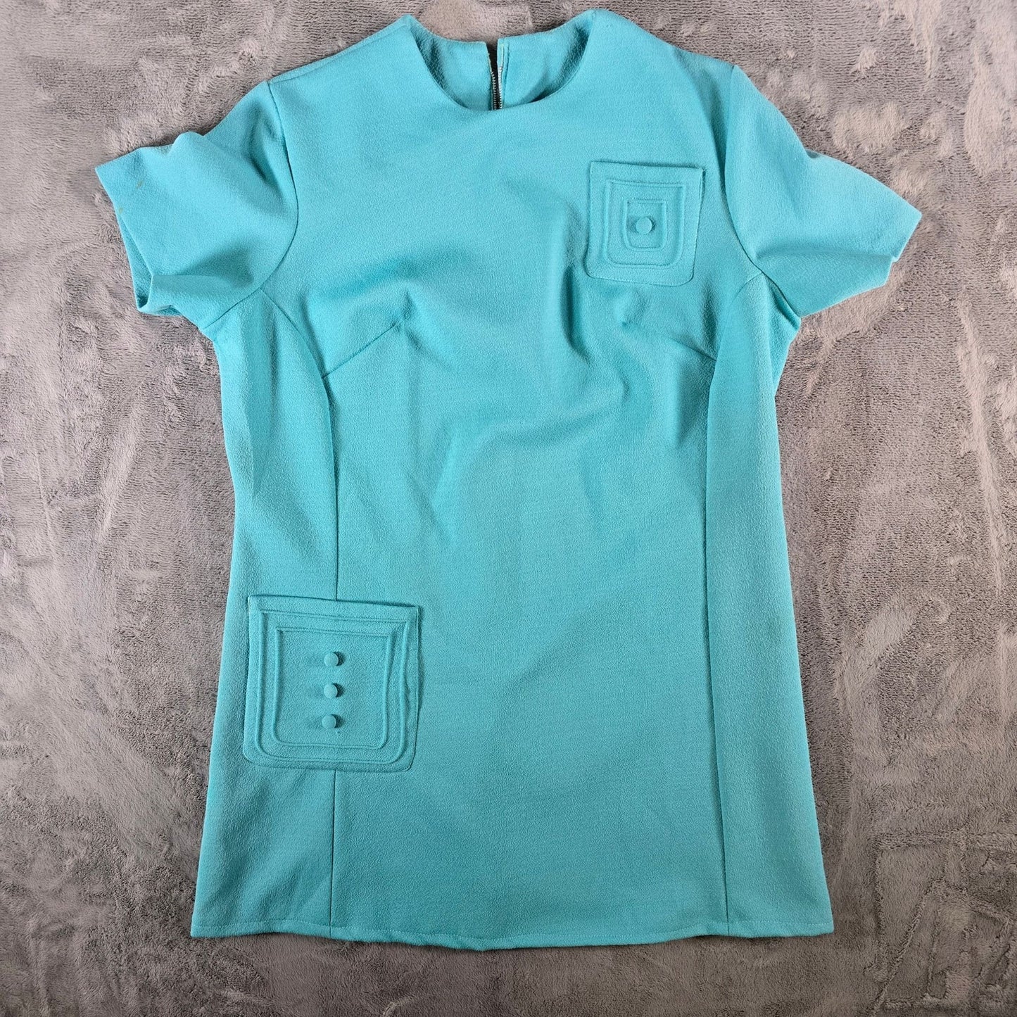 Vintage 1960s Turquoise Textured Knit Metal Zipper Mod Mini Shift Dress (L)