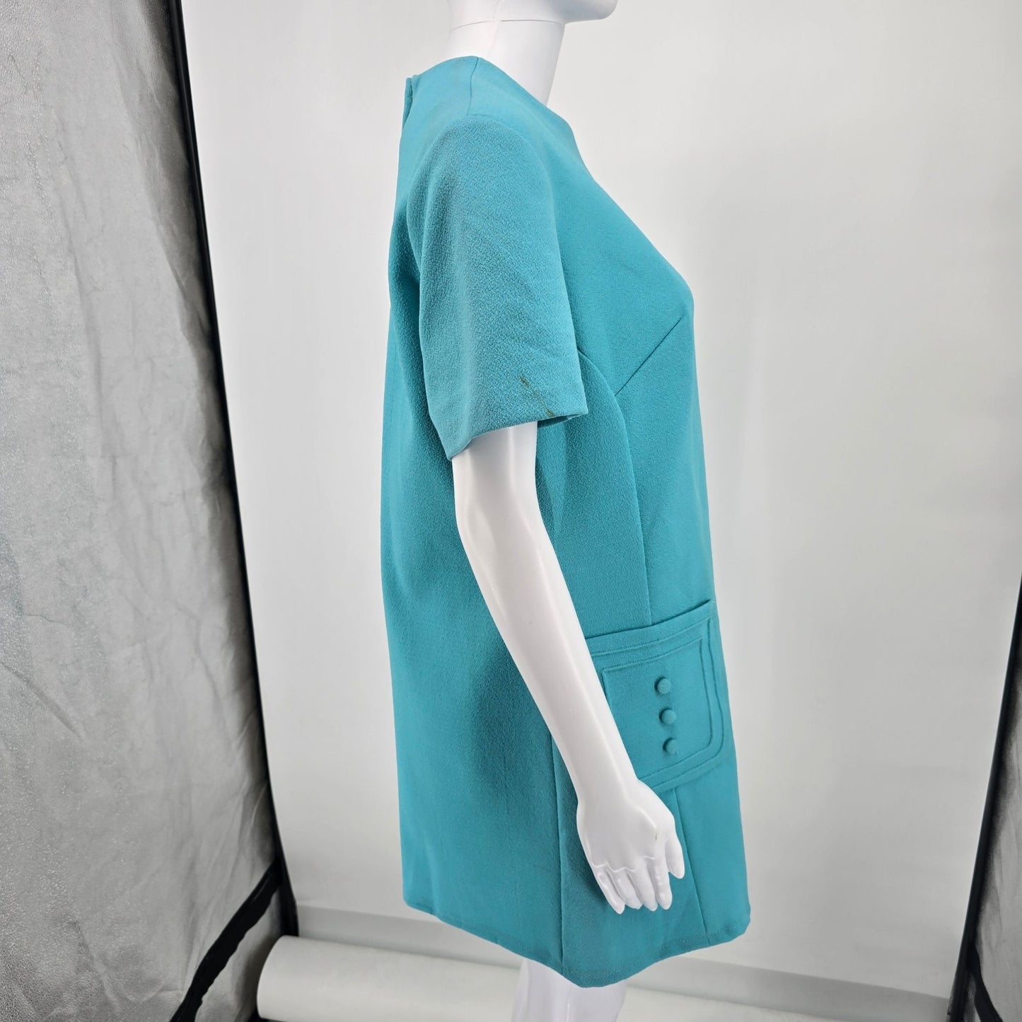 Vintage 1960s Turquoise Textured Knit Metal Zipper Mod Mini Shift Dress (L)