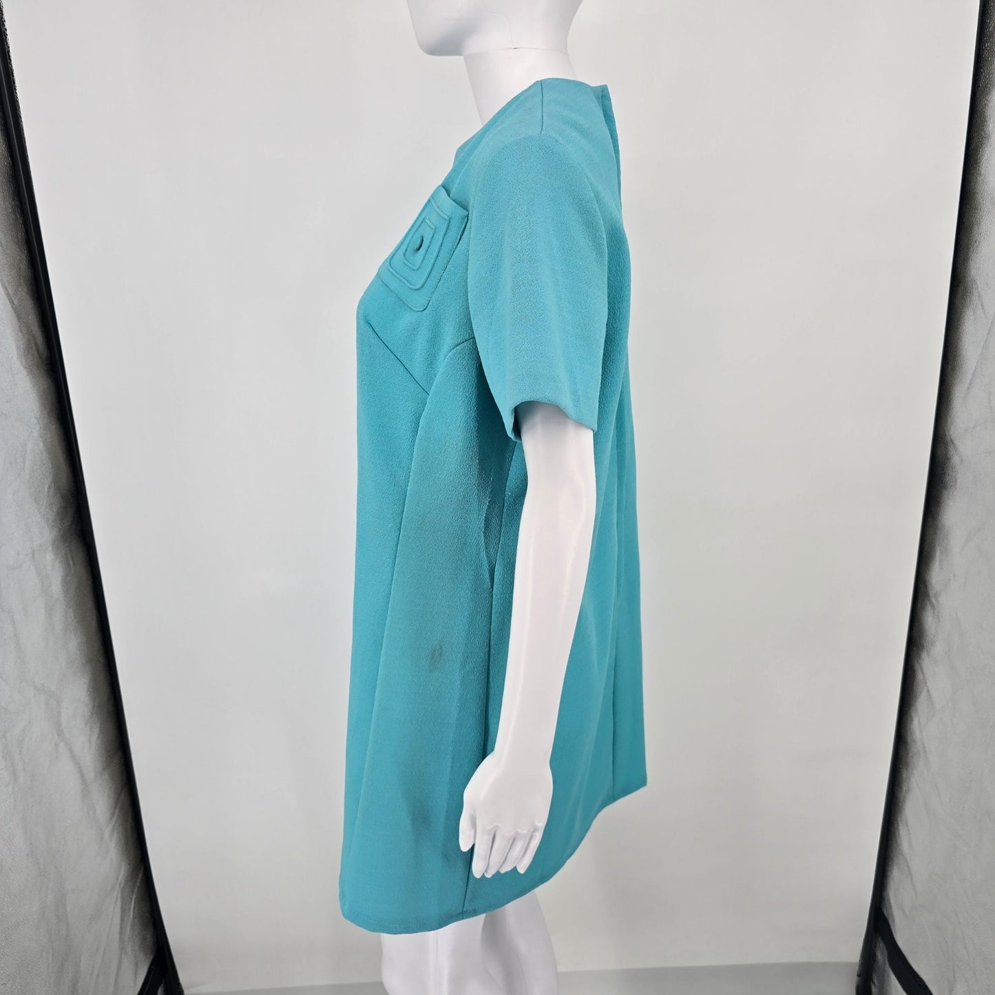 Vintage 1960s Turquoise Textured Knit Metal Zipper Mod Mini Shift Dress (L)