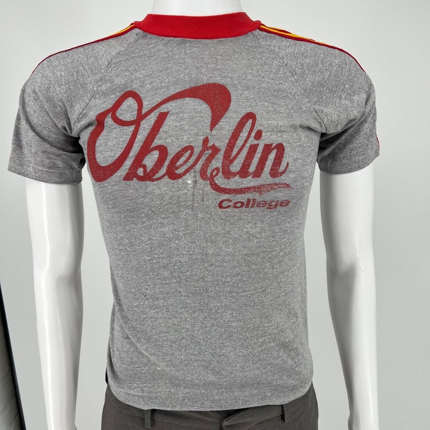 Vintage 70s/80s Gray Oberlin College Red/Yellow Shoulder Stripe T-Shirt (XXS)