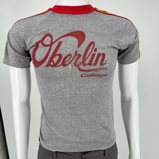 Vintage 70s/80s Gray Oberlin College Red/Yellow Shoulder Stripe T-Shirt (XXS)