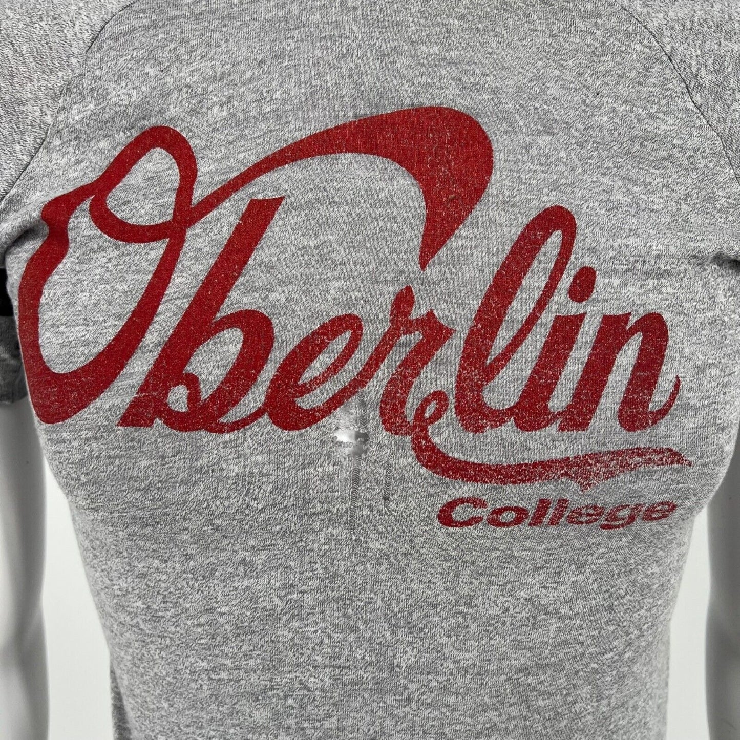 Vintage 70s/80s Gray Oberlin College Red/Yellow Shoulder Stripe T-Shirt (XXS)