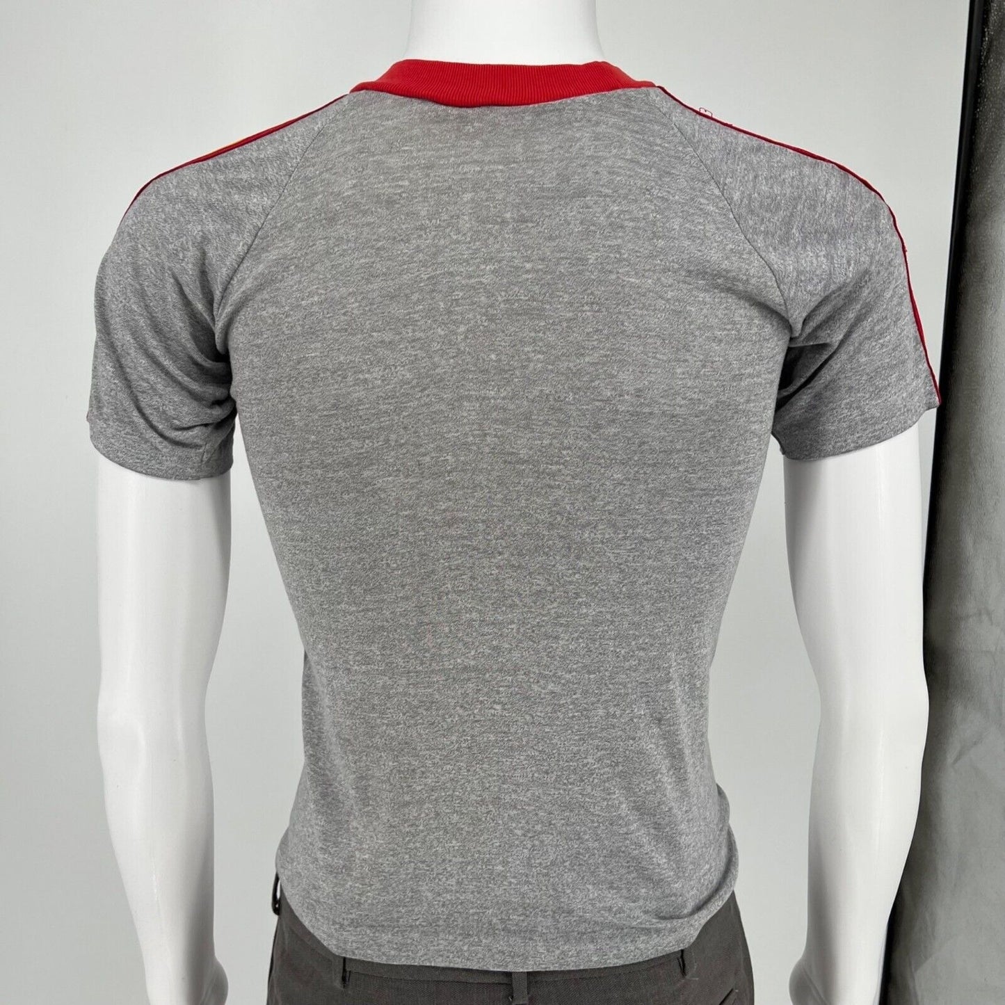 Vintage 70s/80s Gray Oberlin College Red/Yellow Shoulder Stripe T-Shirt (XXS)