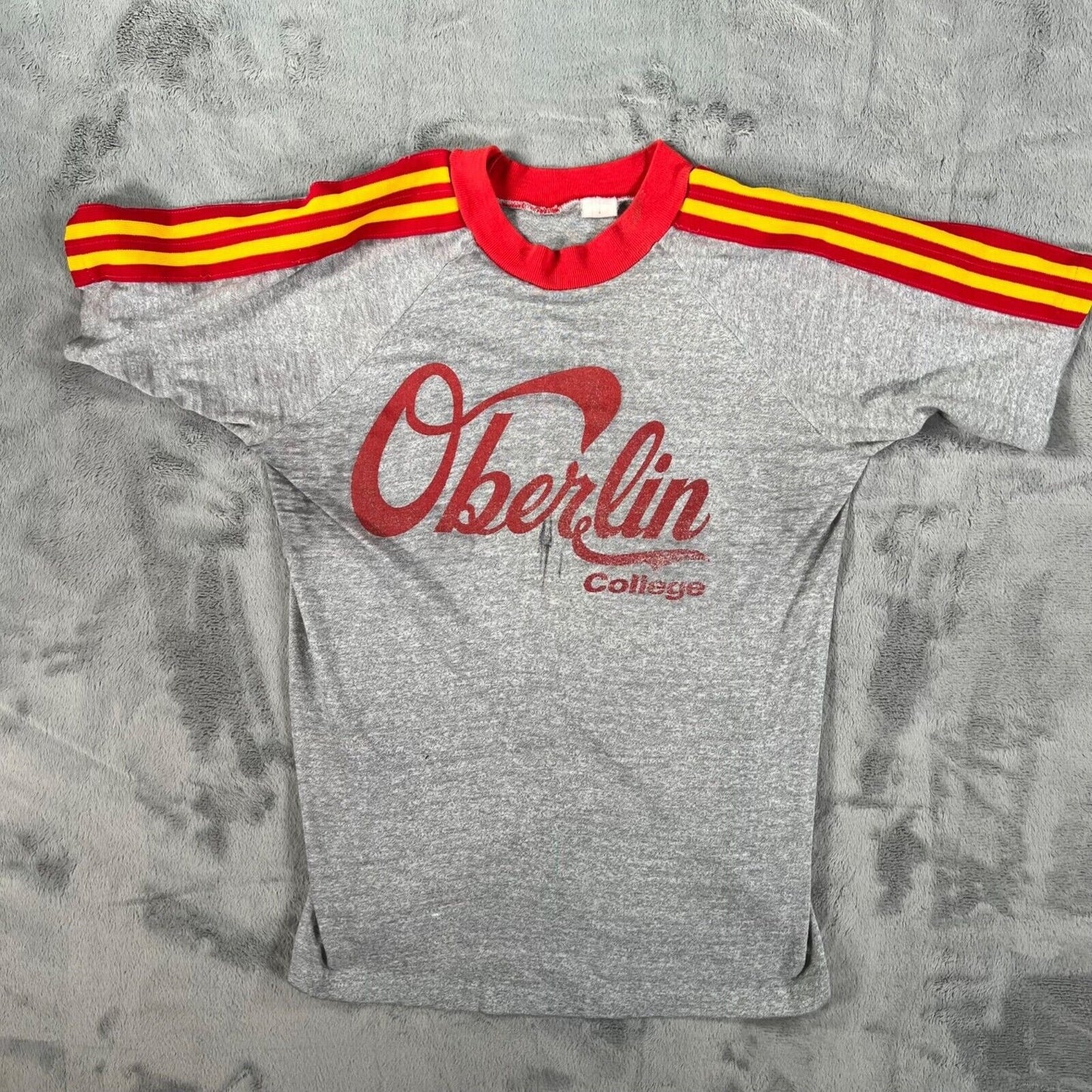 Vintage 70s/80s Gray Oberlin College Red/Yellow Shoulder Stripe T-Shirt (XXS)