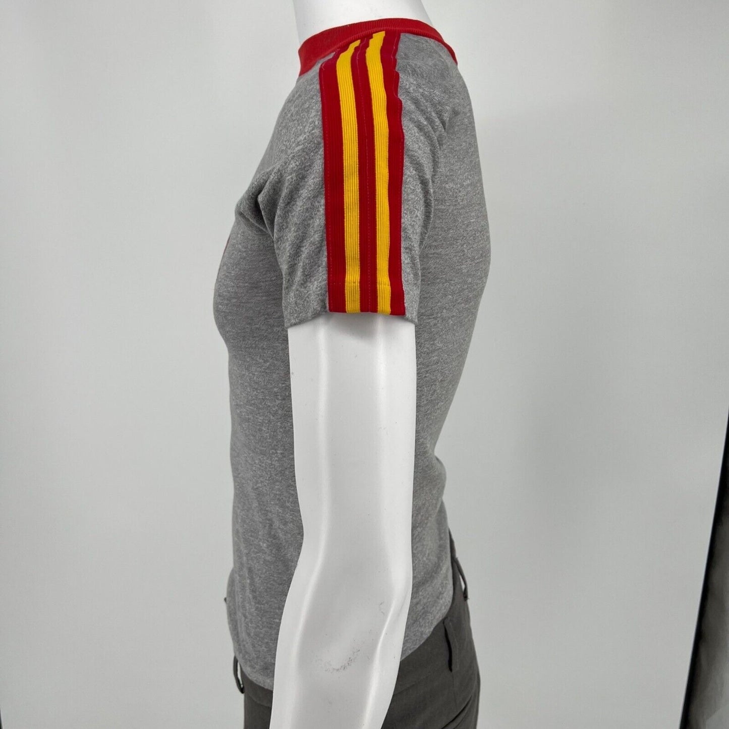 Vintage 70s/80s Gray Oberlin College Red/Yellow Shoulder Stripe T-Shirt (XXS)