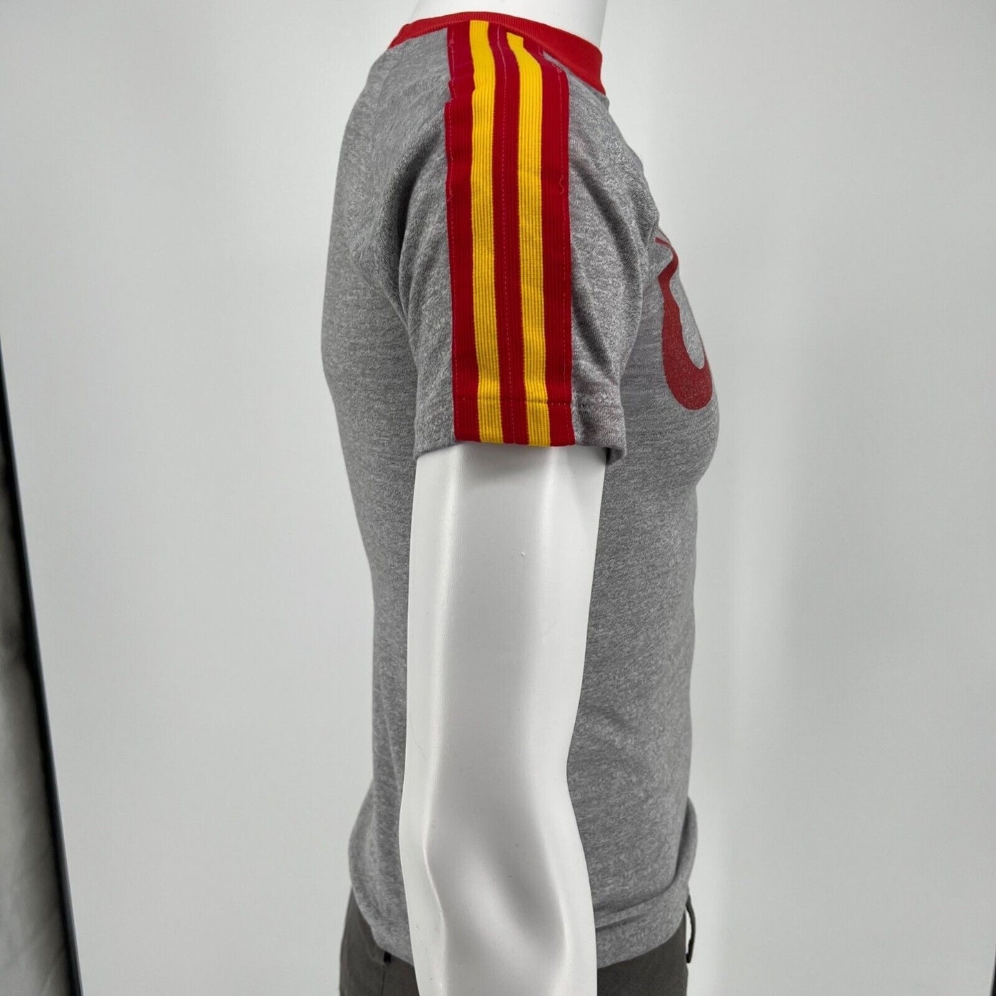 Vintage 70s/80s Gray Oberlin College Red/Yellow Shoulder Stripe T-Shirt (XXS)