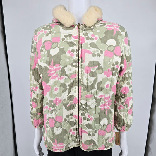 Vintage 1960s Unbranded Talon Zip Faux Fur Collar Floral Quilted Mod Jacket (M)