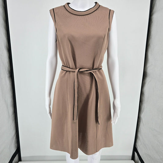Vintage 1970s Unbranded Taupe Knit Contrast Trim Belted Shift Dress (Large)