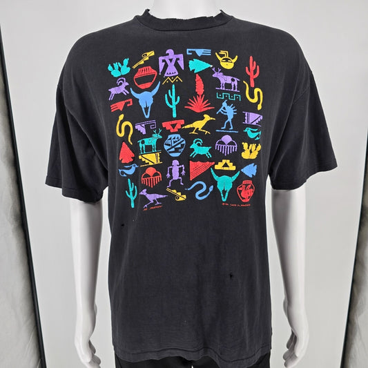 Distressed Vintage 1990s Santa Fe Sportswear Southwestern Symbols T-Shirt (XL)