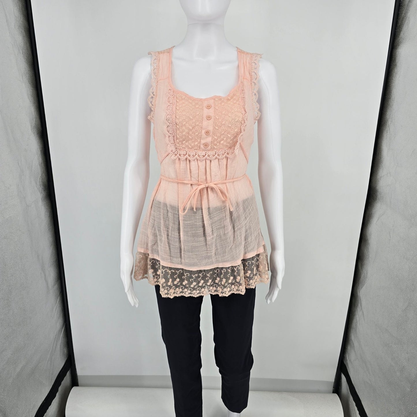 Rue21 Blush Pink Sleeveless Semi-Sheer Lace Trim Coquette Babydoll Top (Small)