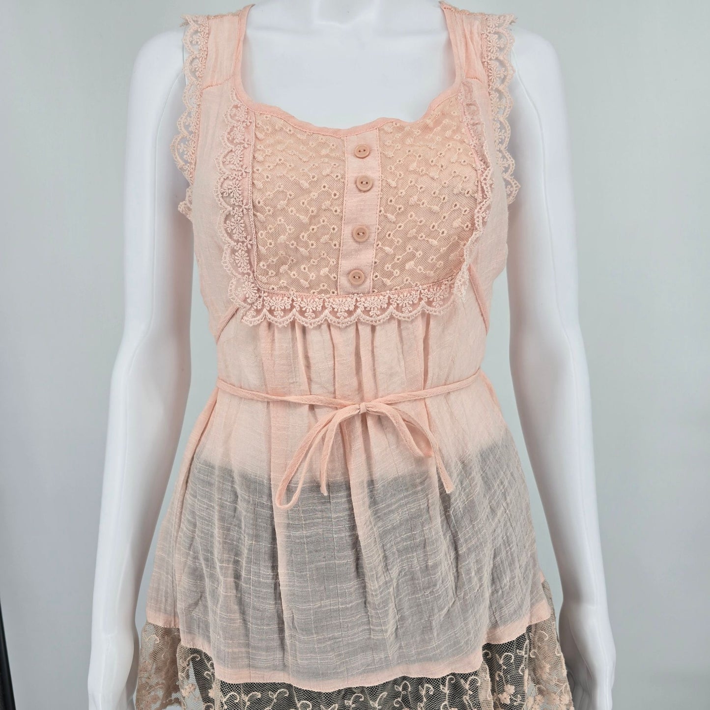 Rue21 Blush Pink Sleeveless Semi-Sheer Lace Trim Coquette Babydoll Top (Small)
