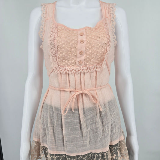 Rue21 Blush Pink Sleeveless Semi-Sheer Lace Trim Coquette Babydoll Top (Small)