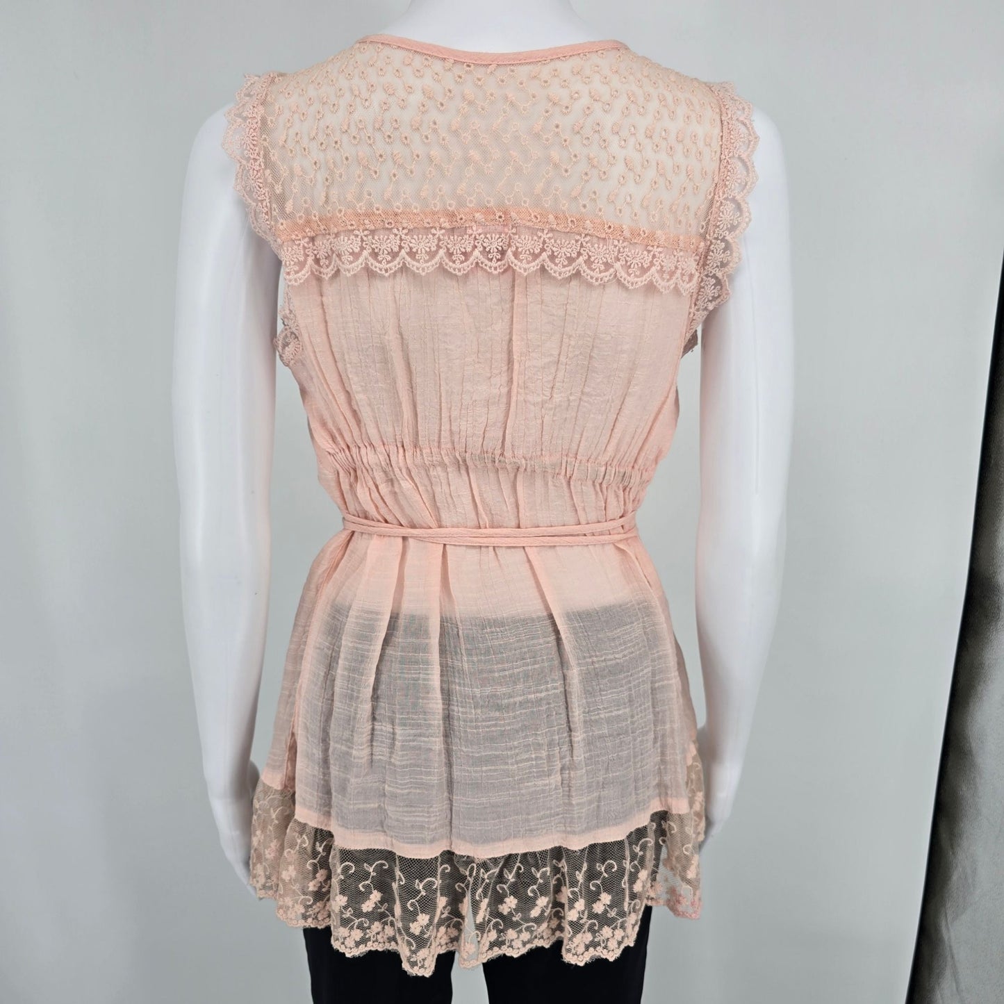Rue21 Blush Pink Sleeveless Semi-Sheer Lace Trim Coquette Babydoll Top (Small)