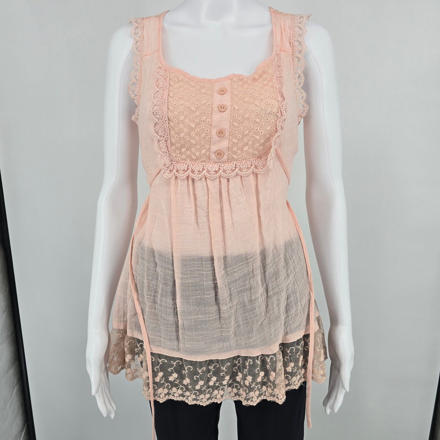 Rue21 Blush Pink Sleeveless Semi-Sheer Lace Trim Coquette Babydoll Top (Small)