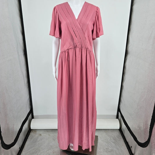 Vintage 1970s Dusty Pink Flutter Sleeve Surplice Wrap Maxi Dress (Size 12/L)