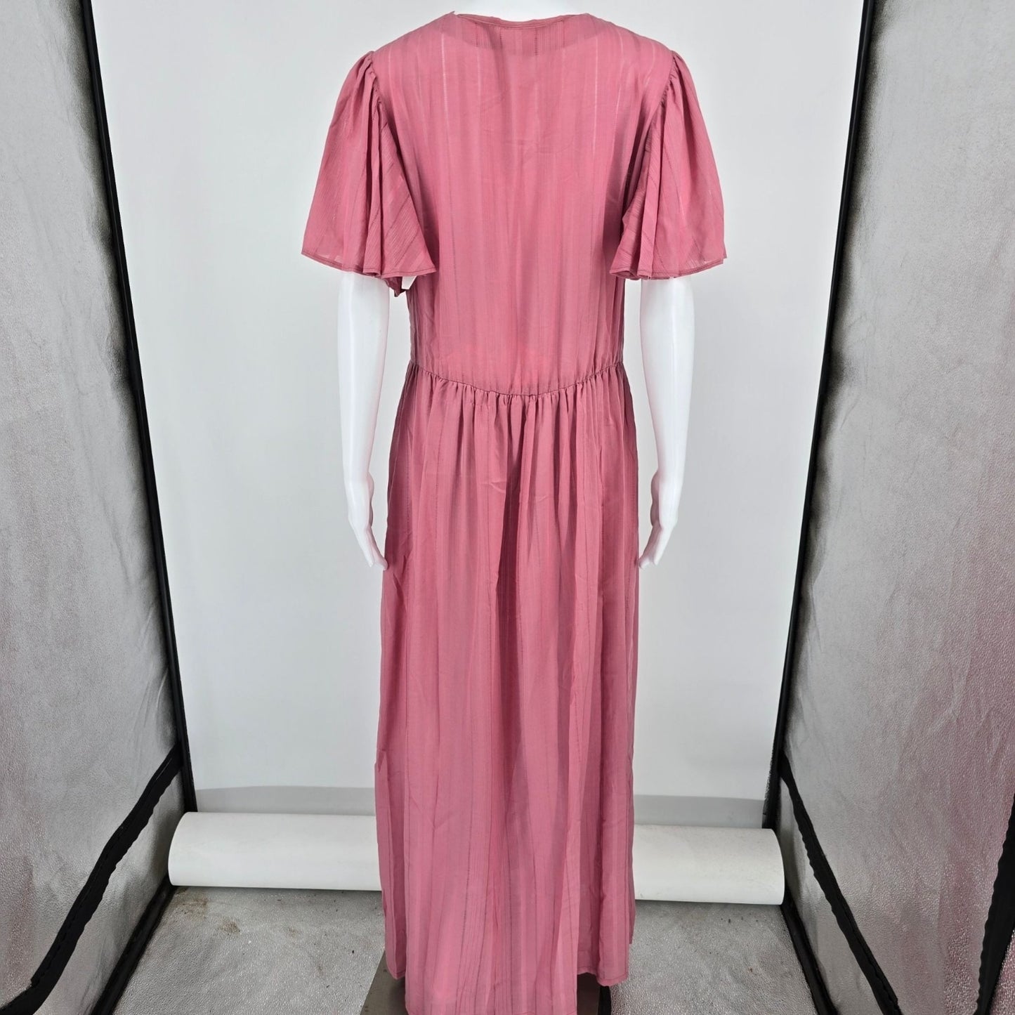 Vintage 1970s Dusty Pink Flutter Sleeve Surplice Wrap Maxi Dress (Size 12/L)