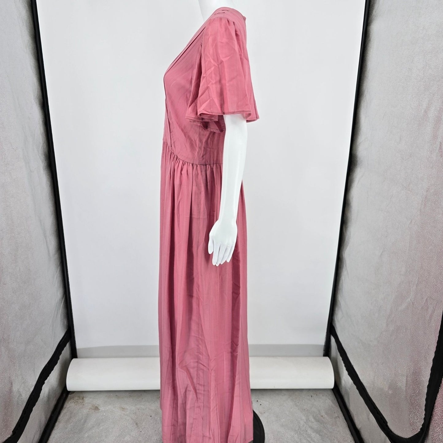 Vintage 1970s Dusty Pink Flutter Sleeve Surplice Wrap Maxi Dress (Size 12/L)
