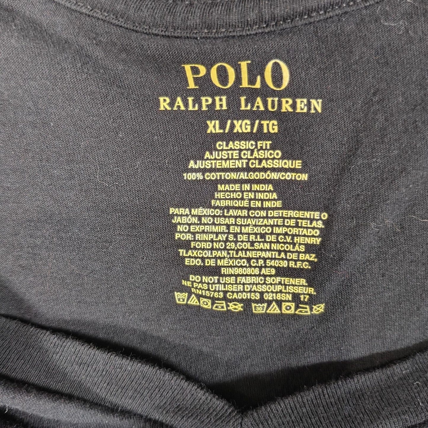 Polo Ralph Lauren Classic Fit Black V-Neck T-Shirt with Orange Hem Pony Logo (XL)