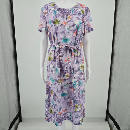 Vintage 1970s Three R's Lilac Watercolor Floral Knit Belted Midi Day Dress (XL)