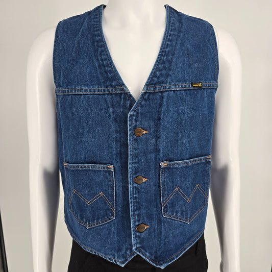 Vintage 1970s Maverick Automaticks Men's Western Blue Jean V-Neck Denim Vest (L)