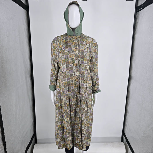 Vintage 1960s Mosaic Tile Print/Sage Green Reversible Hooded Coat (Large)