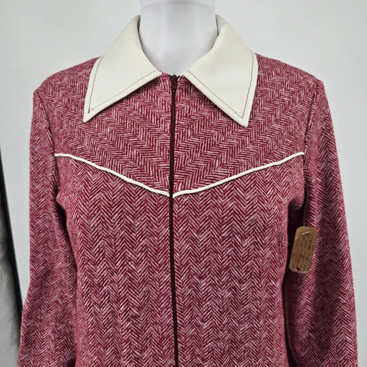 Vintage 1970s Diane Young Sportswear Red Herringbone Knit Shift Dress (M)