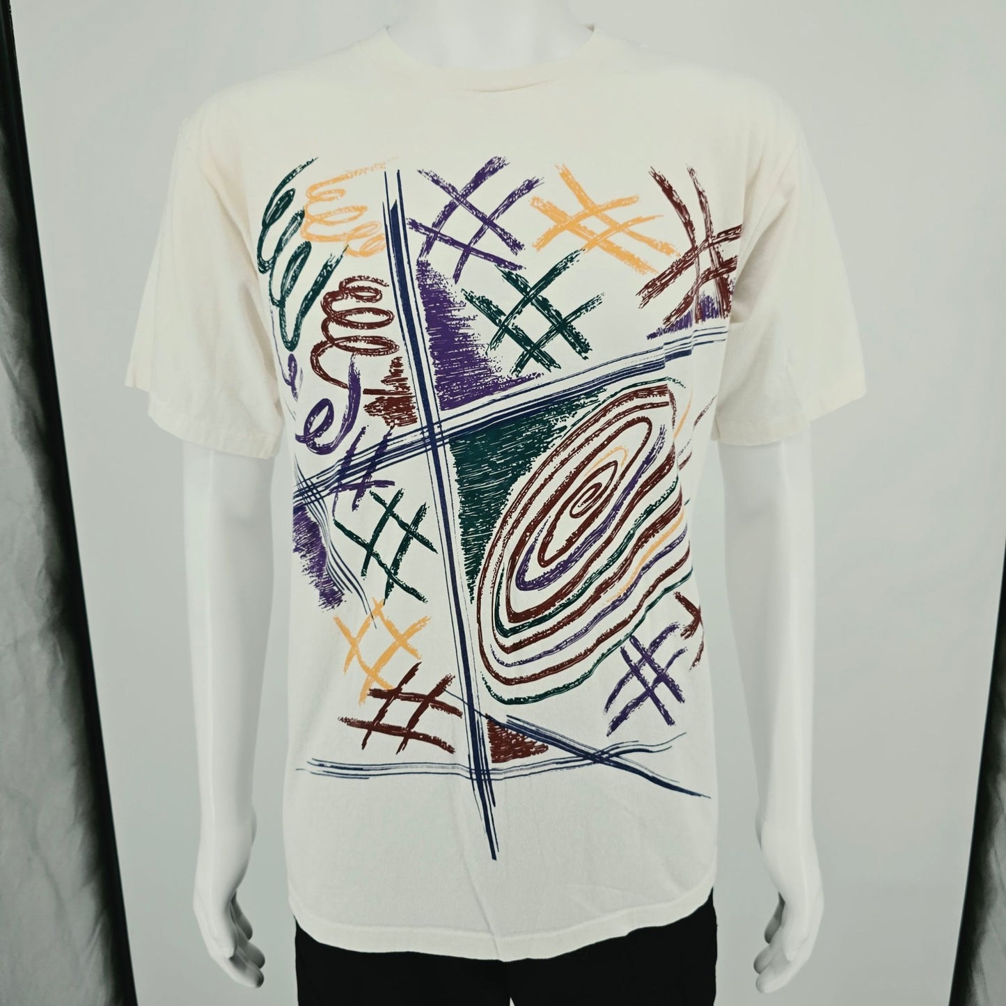 Vintage 1990 Body Force White Memphis-Style Abstract Art Print T-Shirt (M/L)