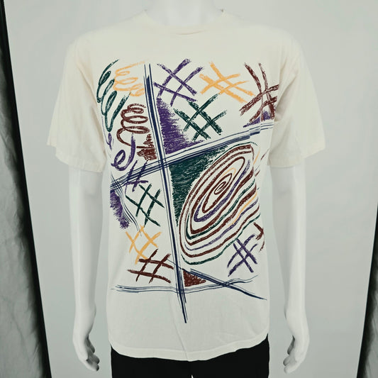 Vintage 1990 Body Force White Memphis-Style Abstract Art Print T-Shirt (M/L)