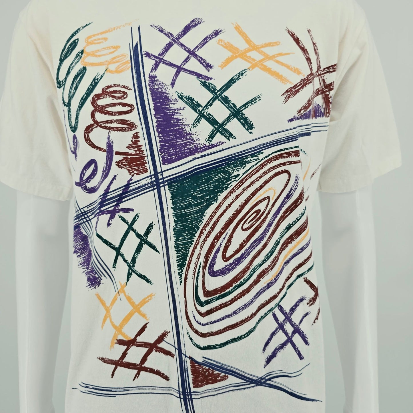 Vintage 1990 Body Force White Memphis-Style Abstract Art Print T-Shirt (M/L)