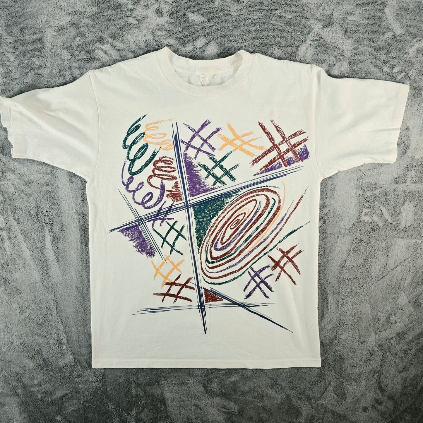 Vintage 1990 Body Force White Memphis-Style Abstract Art Print T-Shirt (M/L)