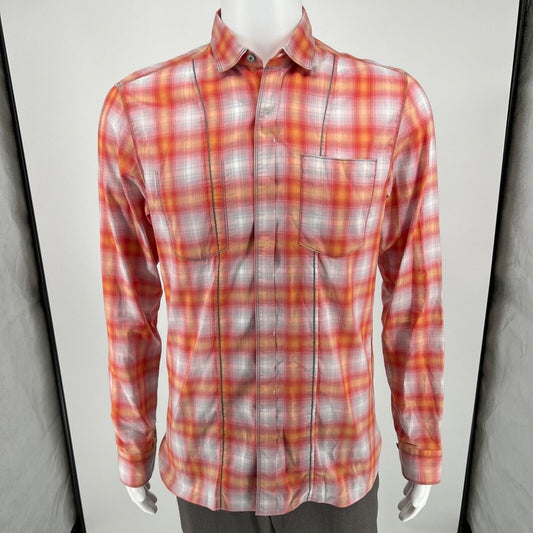 Lanvin Men's Orange/Red/White Plaid Long Sleeve Button-Up Shirt (Size 37/14.5)