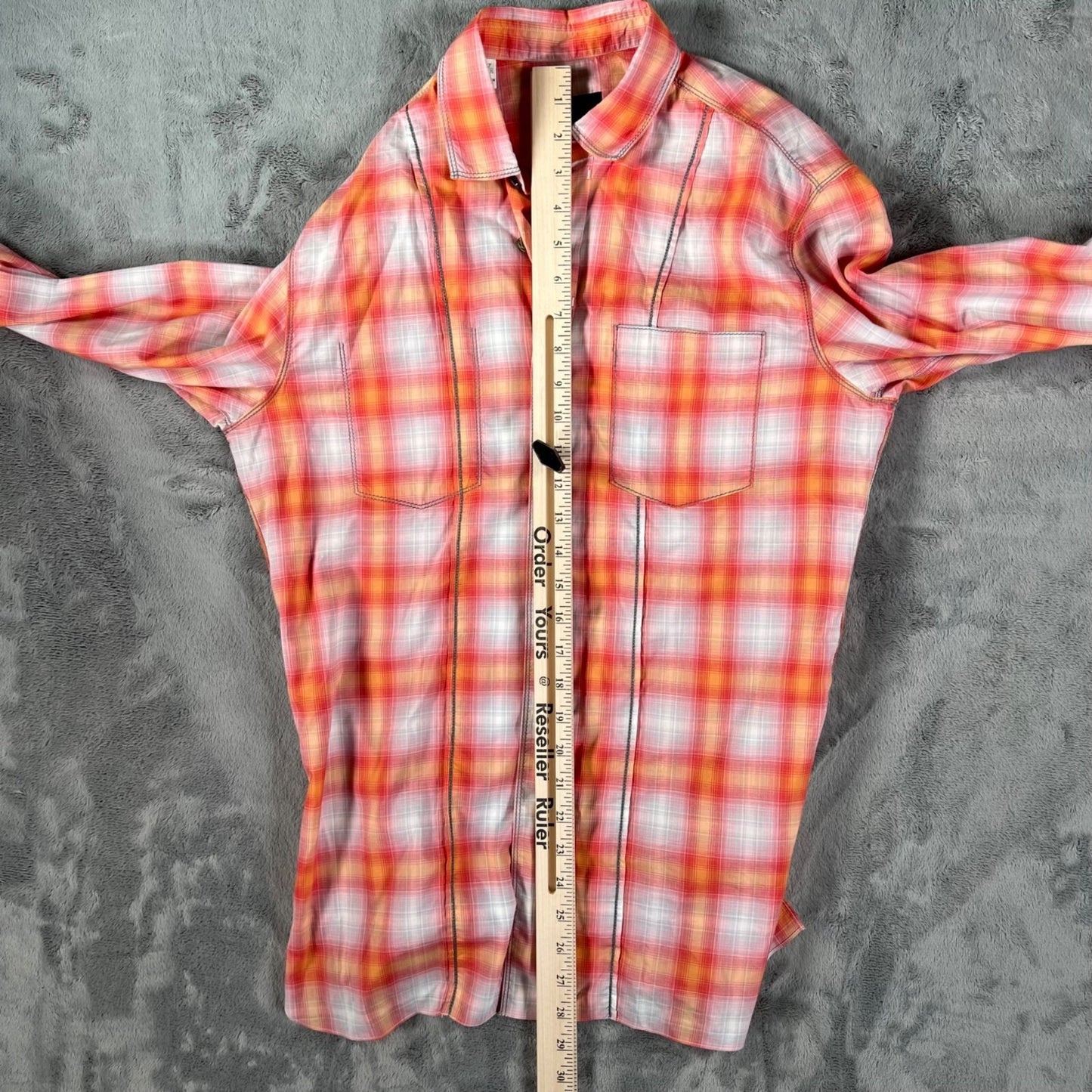 Lanvin Men's Orange/Red/White Plaid Long Sleeve Button-Up Shirt (Size 37/14.5)