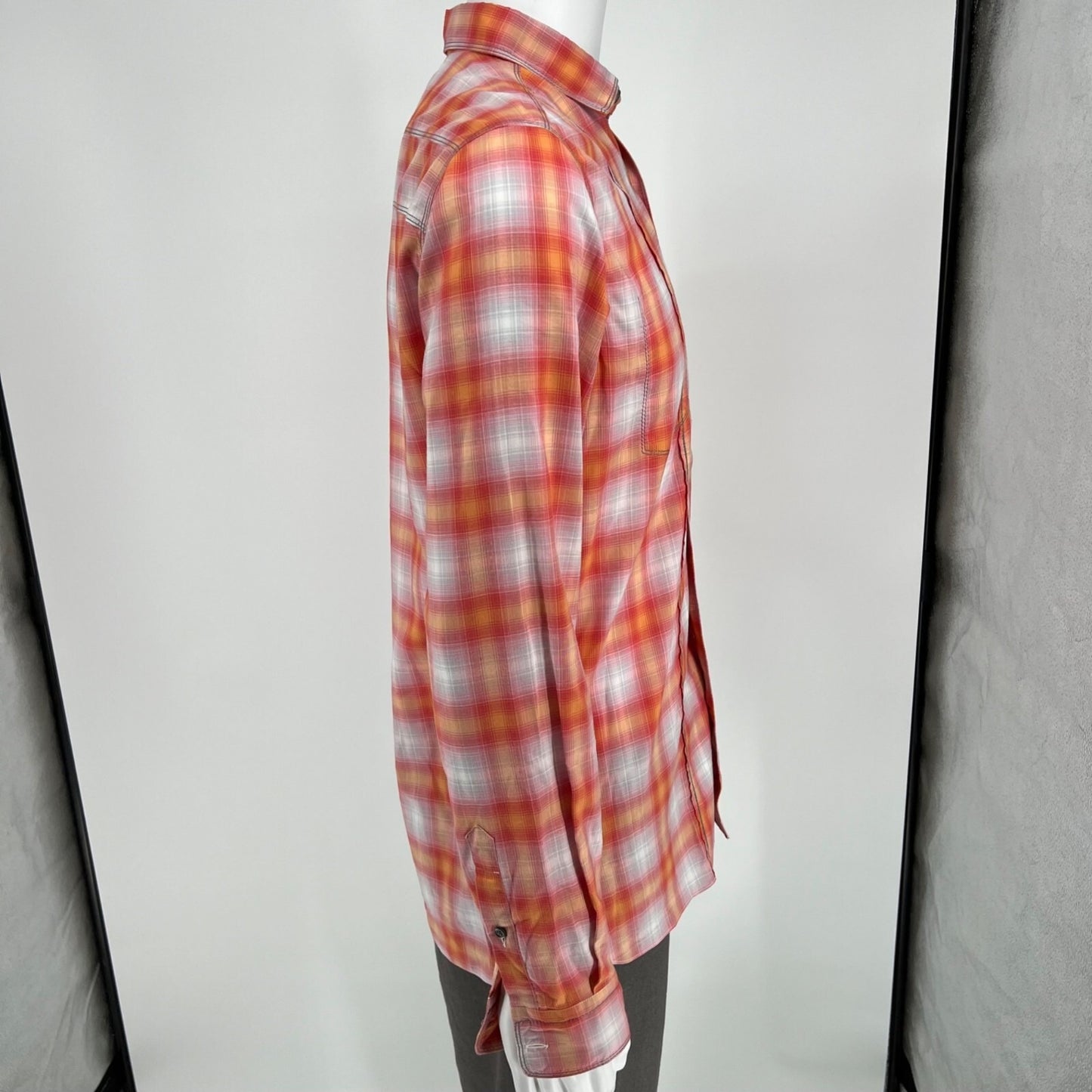 Lanvin Men's Orange/Red/White Plaid Long Sleeve Button-Up Shirt (Size 37/14.5)