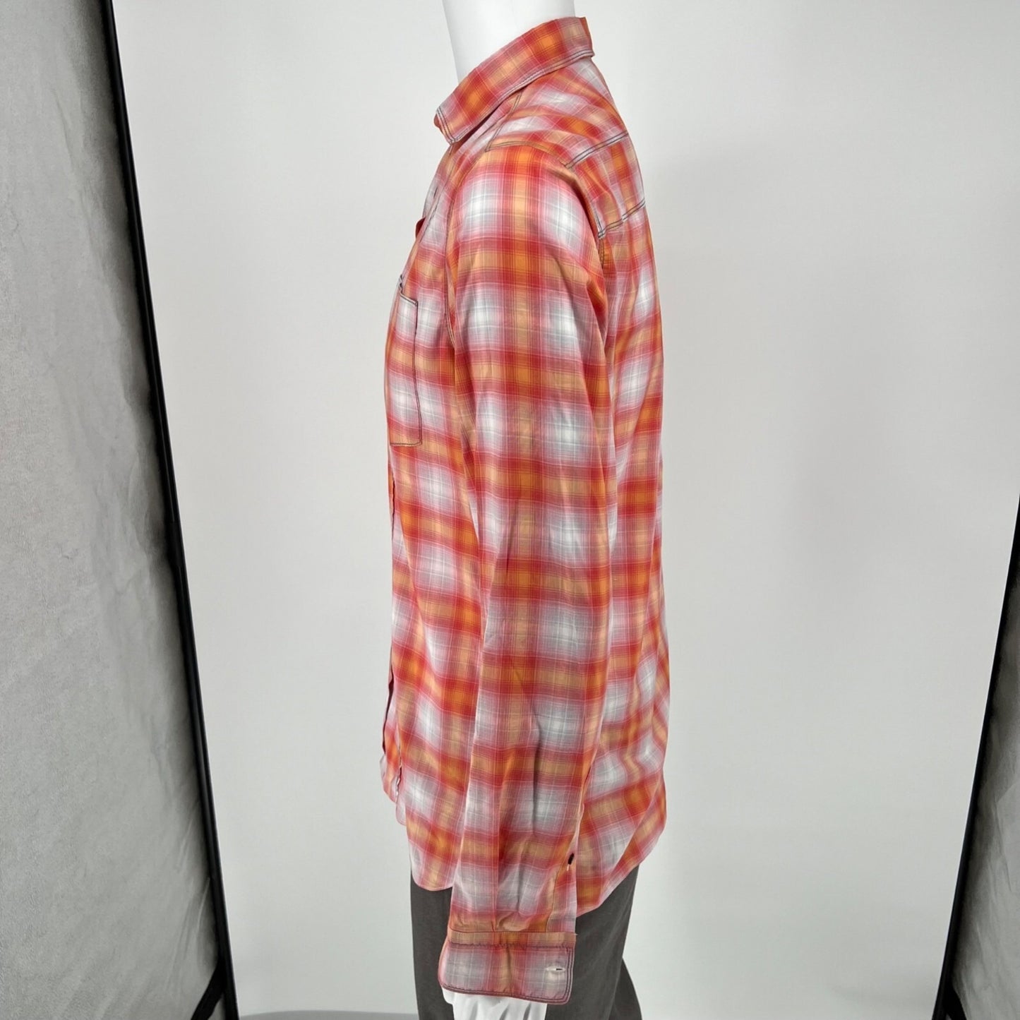Lanvin Men's Orange/Red/White Plaid Long Sleeve Button-Up Shirt (Size 37/14.5)