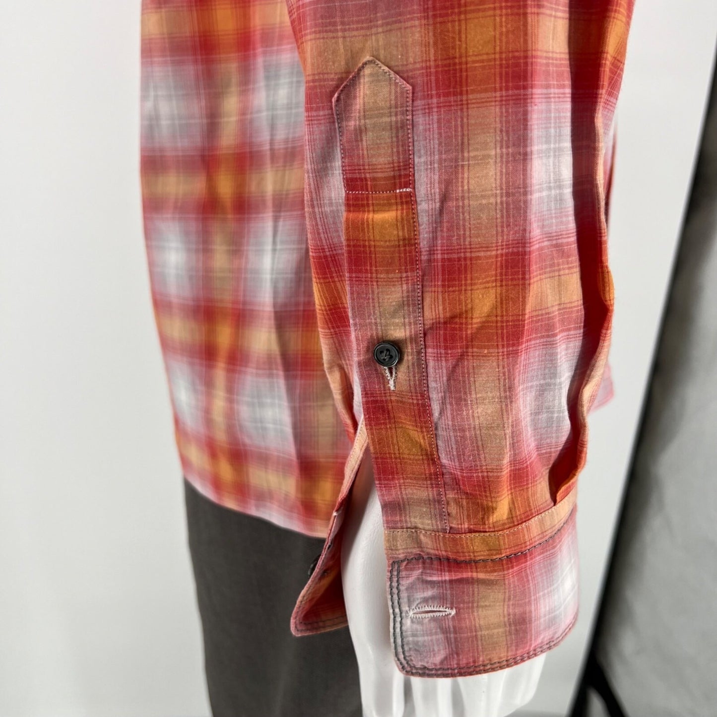 Lanvin Men's Orange/Red/White Plaid Long Sleeve Button-Up Shirt (Size 37/14.5)