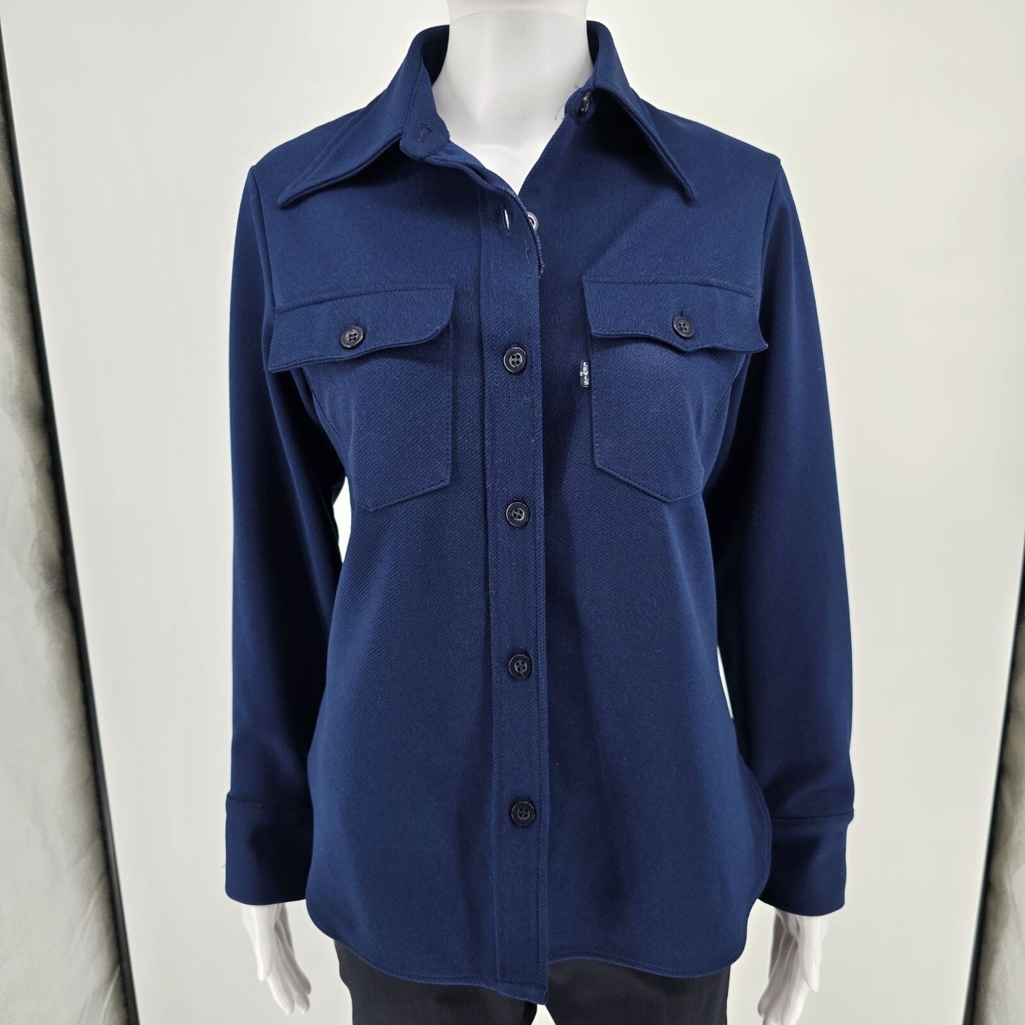 Vintage 1970s Levi's for Gals Navy Blue Knit Polyester Western/Disco Shirt (M)