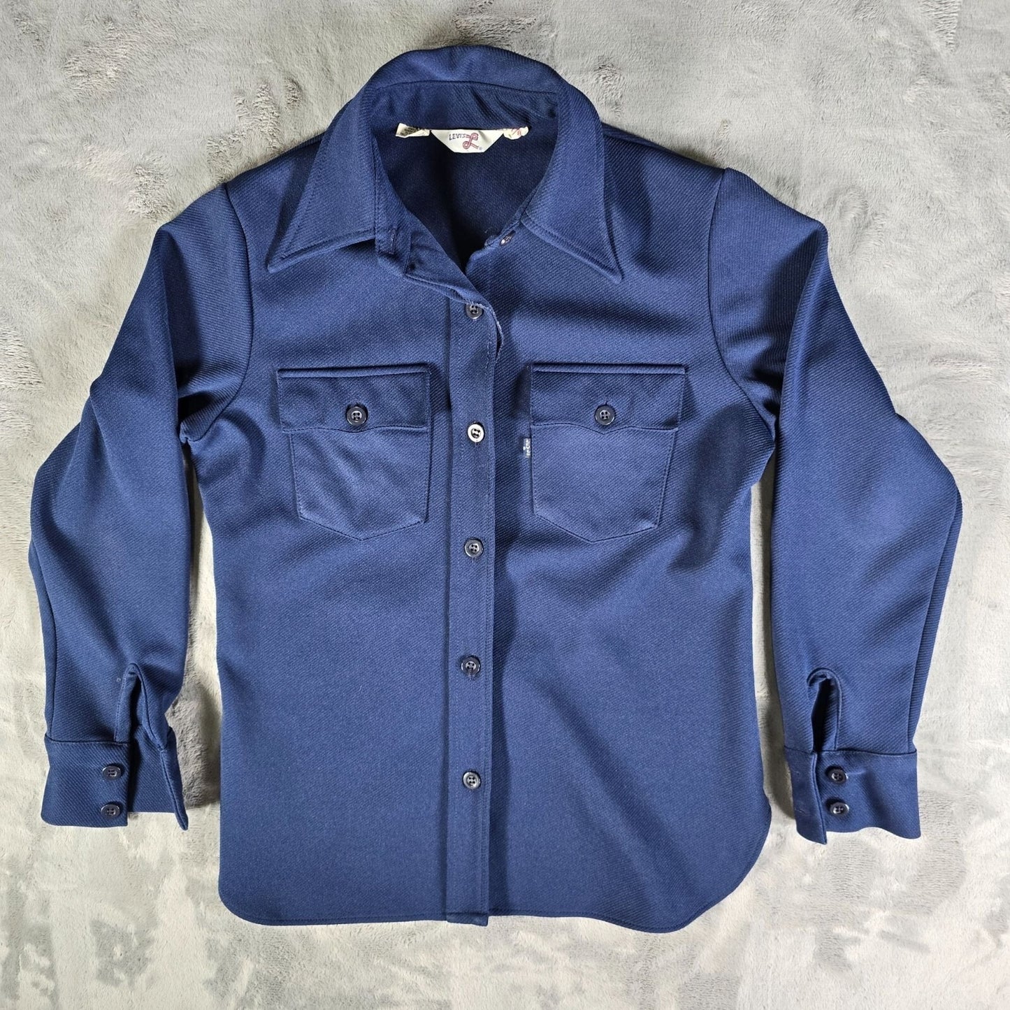 Vintage 1970s Levi's for Gals Navy Blue Knit Polyester Western/Disco Shirt (M)